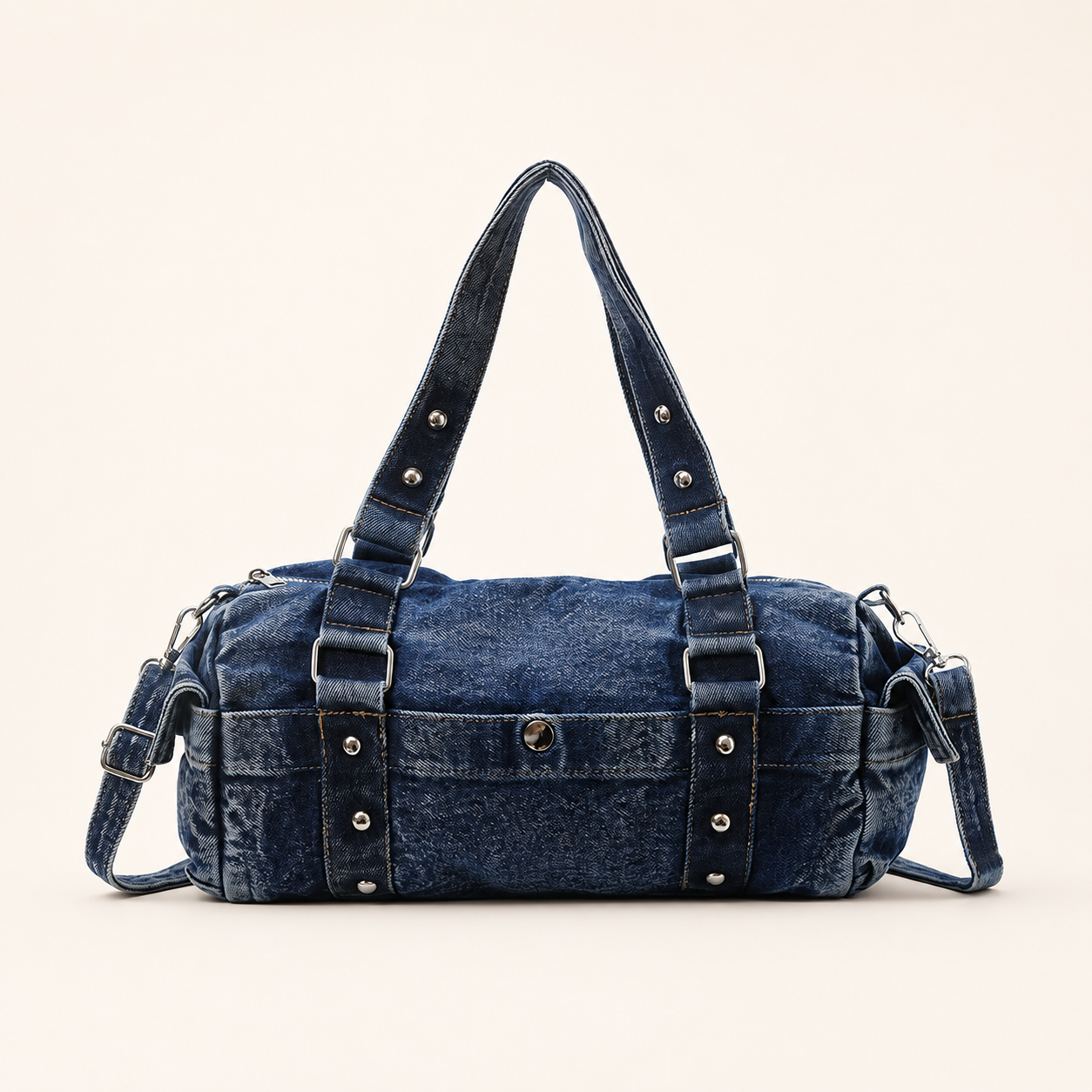 Washed Denim Large Capacity Baguette Bag Textured Versatile Studded Crossbody Bag Fashion Shoulder Handbag For Women