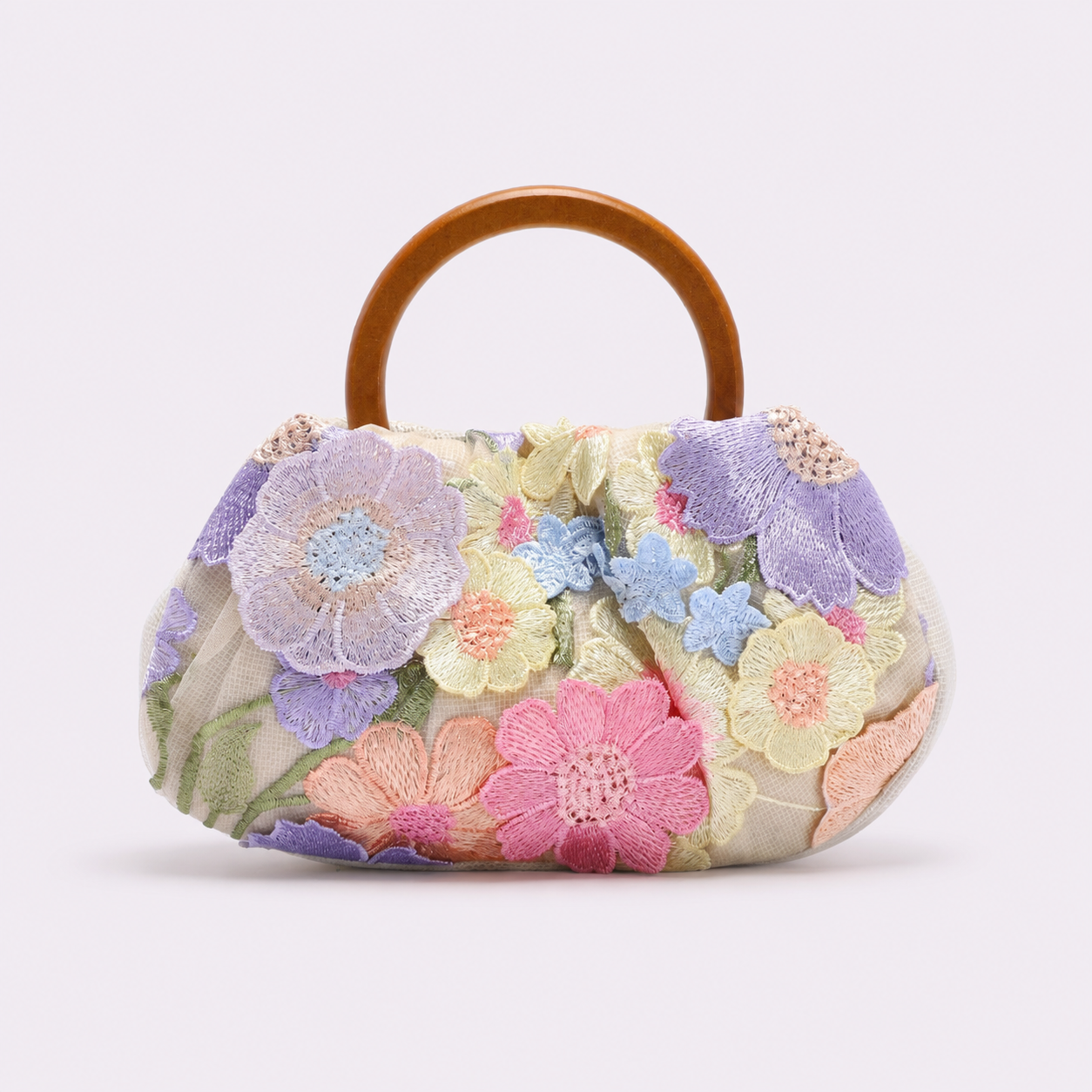 Circular Wooden Handle Bamboo Knot Bag With Floral Embroidery, Vacation Style Women's Handbag, Pearl And Sequin Evening Bag