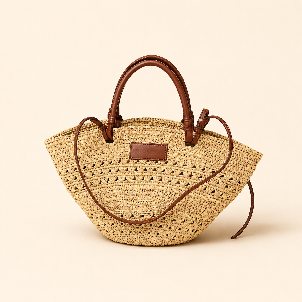 Top Grain Cowhide Leather Spliced Raffia Woven Basket Bag, Large Capacity Women's Vacation Beach Tote Bag