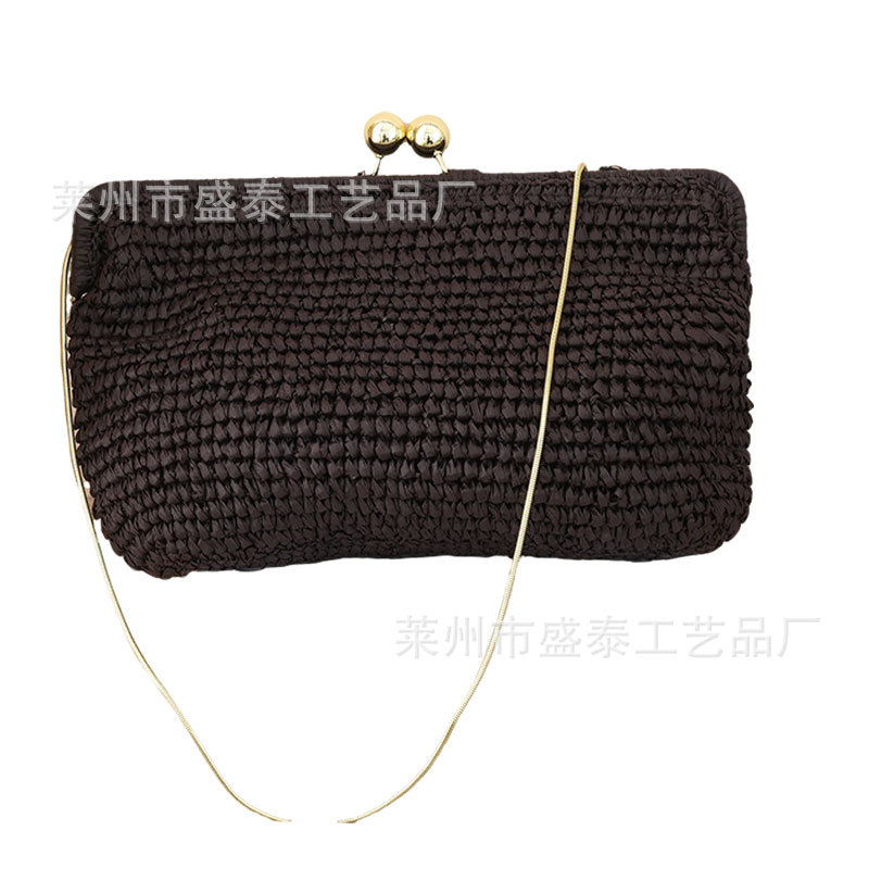 French Style Woven Vacation Beach Bag For Women, Handmade Texture Chain Crossbody Straw Bag, Export Quality - Thumbnail 5