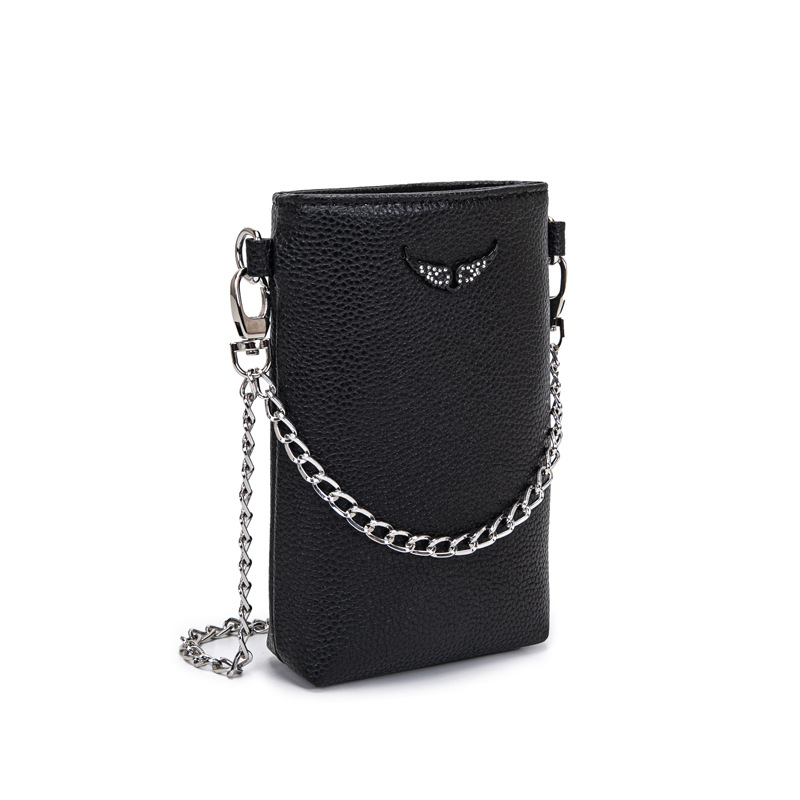 ZV French Style Phone Bag - Classic Wing Rhinestone, Textured Lychee Grain, Bucket Shape Chain Shoulder Crossbody Small Bag - Thumbnail 3