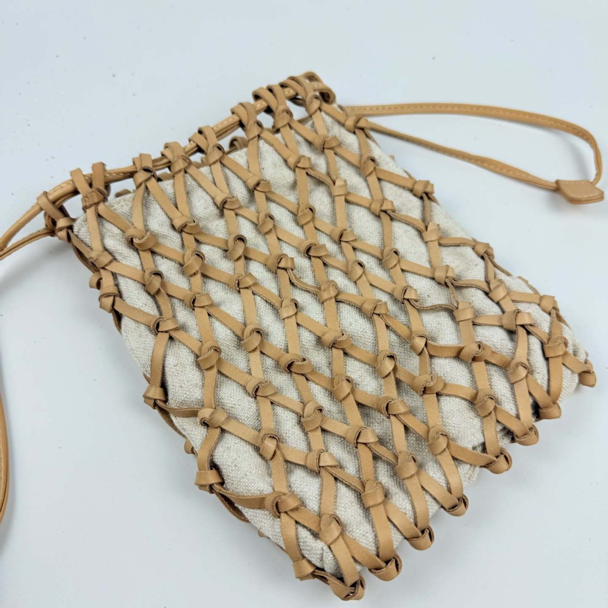 Top Grain Cowhide Woven Phone Bag Crossbody Shoulder Bag French Cotton Linen Small Fishing Net Bag - Thumbnail 4