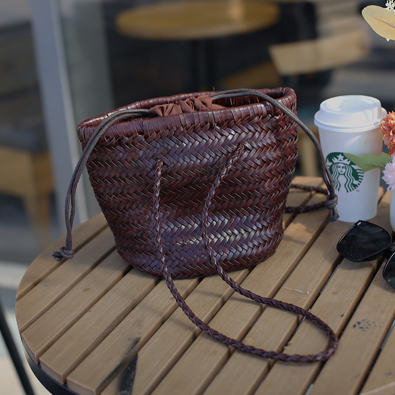 Spring/Summer Top Grain Cowhide Hand-Woven Bag, French Style Genuine Leather Basket Bag, Vintage Leather Shoulder Bag For Women, Ins Style - Thumbnail 2