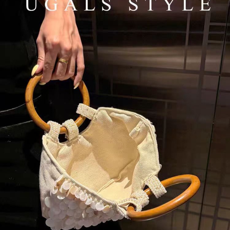 UGALS French Vintage Hand-Woven Beaded Sequin Shell Cabbage Basket Round Handle Bucket Bag Handbag Crossbody Bag - Thumbnail 5