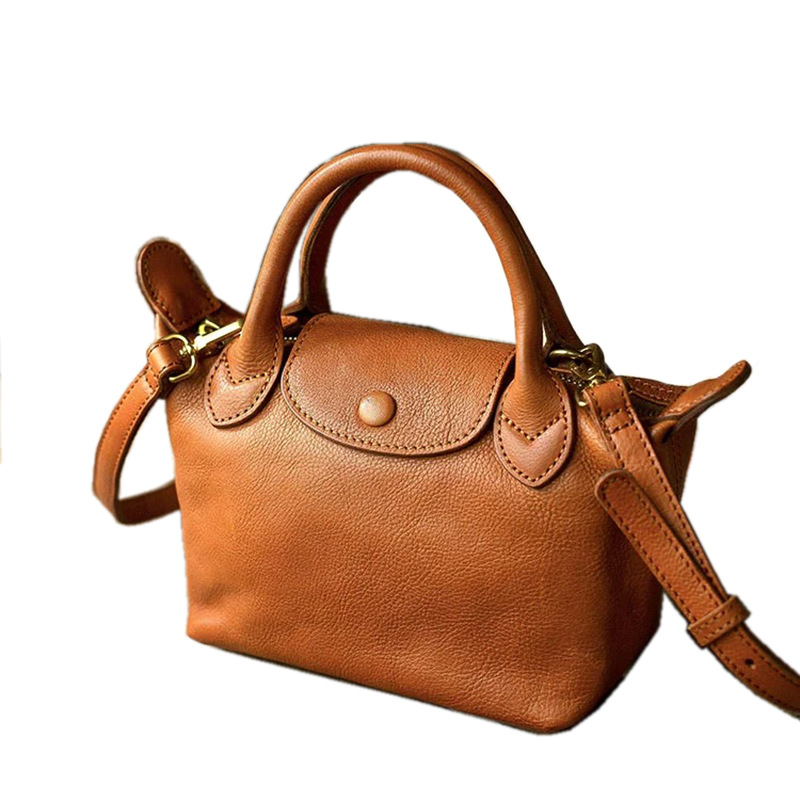 French Niche Vegetable-Tanned Leather Flap Dumpling Bag 2023 New Genuine Leather Women's Handbag Shoulder Crossbody Bag - Thumbnail 5