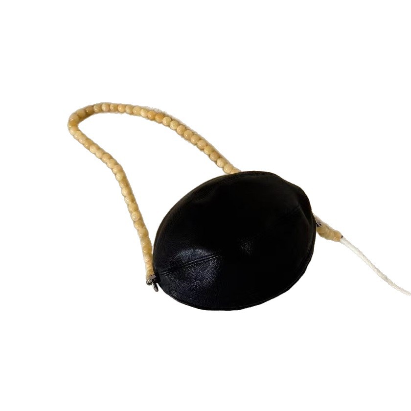 Original Sheepskin Rugby Bag Black Obsidian Beaded Balloon Bag Small Round French Niche Shoulder Handbag For Women - Thumbnail 5