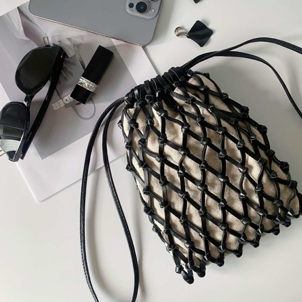Top Grain Cowhide Woven Phone Bag Crossbody Shoulder Bag French Cotton Linen Small Fishing Net Bag - Thumbnail 2