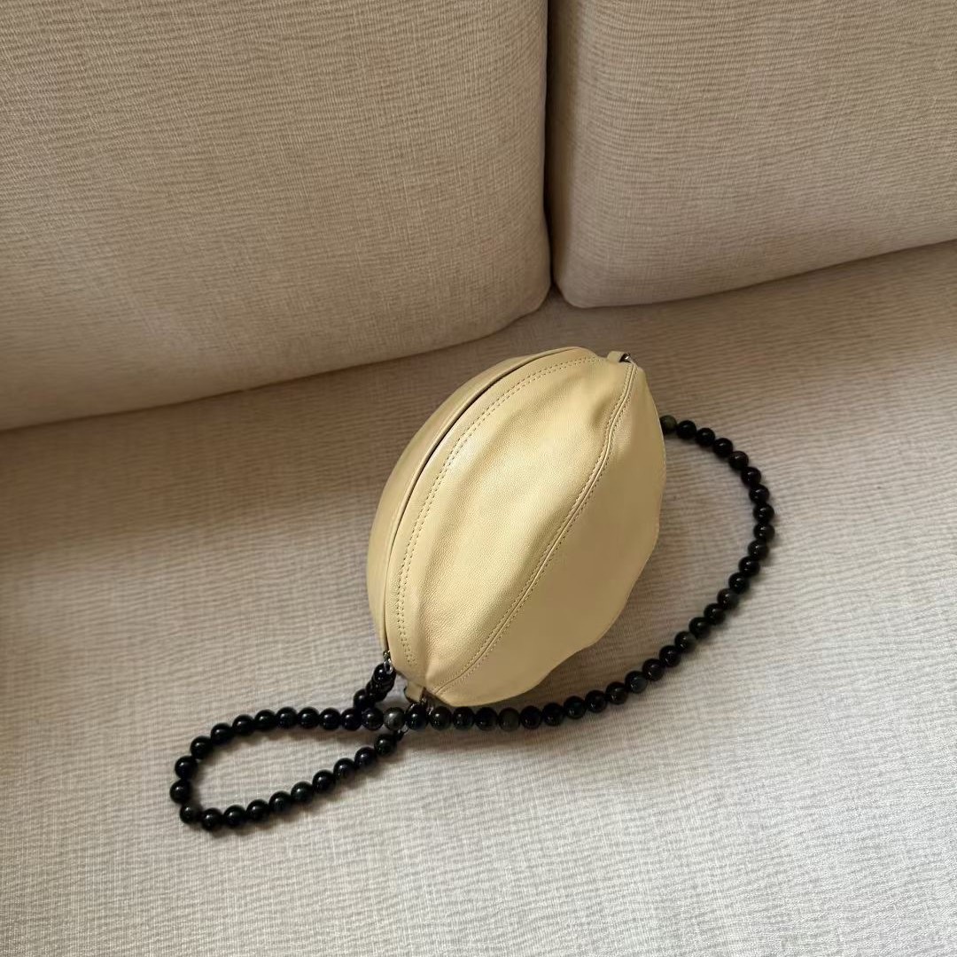 Original Sheepskin Rugby Bag Black Obsidian Beaded Balloon Bag Small Round French Niche Shoulder Handbag For Women - Thumbnail 2