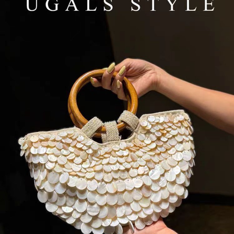 UGALS French Vintage Hand-Woven Beaded Sequin Shell Cabbage Basket Round Handle Bucket Bag Handbag Crossbody Bag - Thumbnail 4