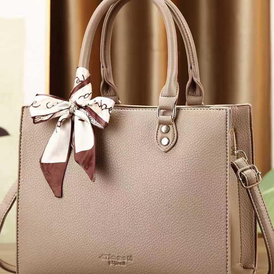 法式蝴蝶结复古荔枝纹简约纯色大容量手提包时尚休闲百搭 - Thumbnail 4