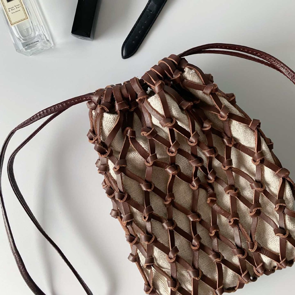 Top Grain Cowhide Woven Phone Bag Crossbody Shoulder Bag French Cotton Linen Small Fishing Net Bag