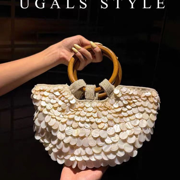 UGALS French Vintage Hand-Woven Beaded Sequin Shell Cabbage Basket Round Handle Bucket Bag Handbag Crossbody Bag - Thumbnail 2
