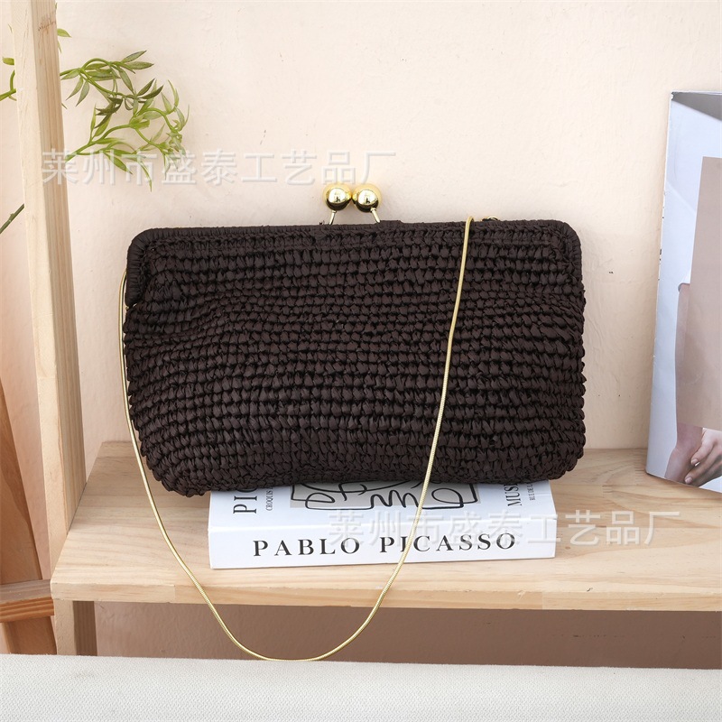 French Style Woven Vacation Beach Bag For Women, Handmade Texture Chain Crossbody Straw Bag, Export Quality - Thumbnail 4