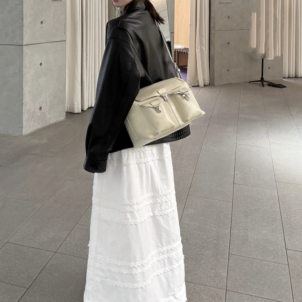 Gear Bag Single Shoulder Top Grain Cowhide Crossbody Bag French Niche Commuter Bag Flocked Leather Messenger Bag - Thumbnail 4