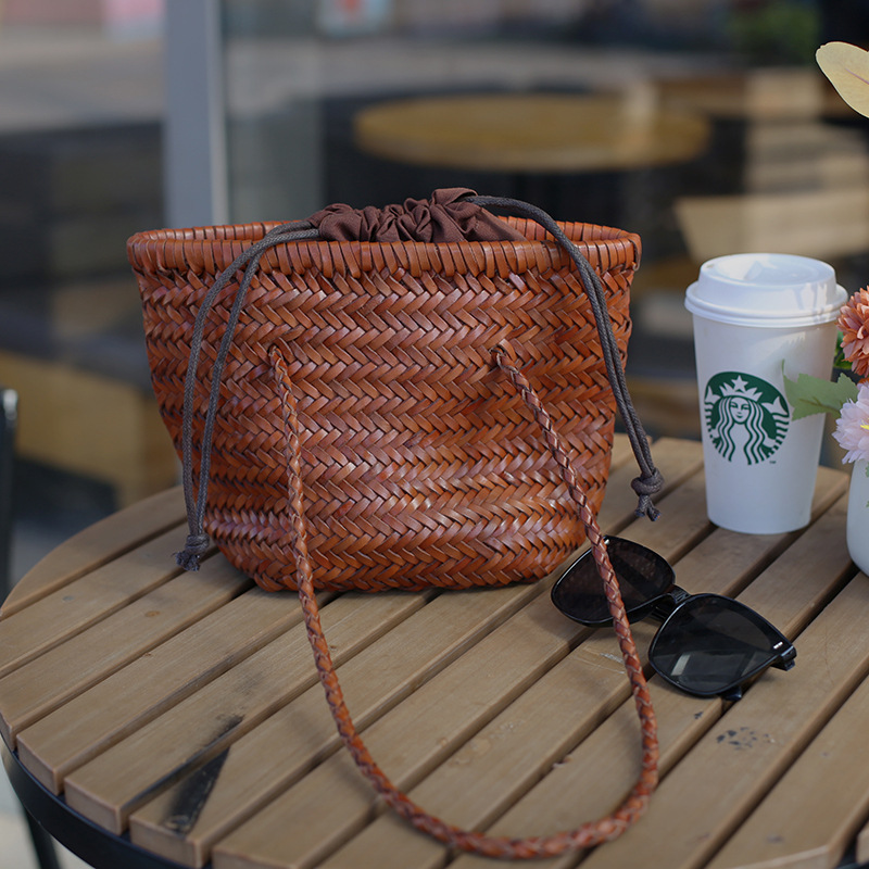 Spring/Summer Top Grain Cowhide Hand-Woven Bag, French Style Genuine Leather Basket Bag, Vintage Leather Shoulder Bag For Women, Ins Style - Thumbnail 3