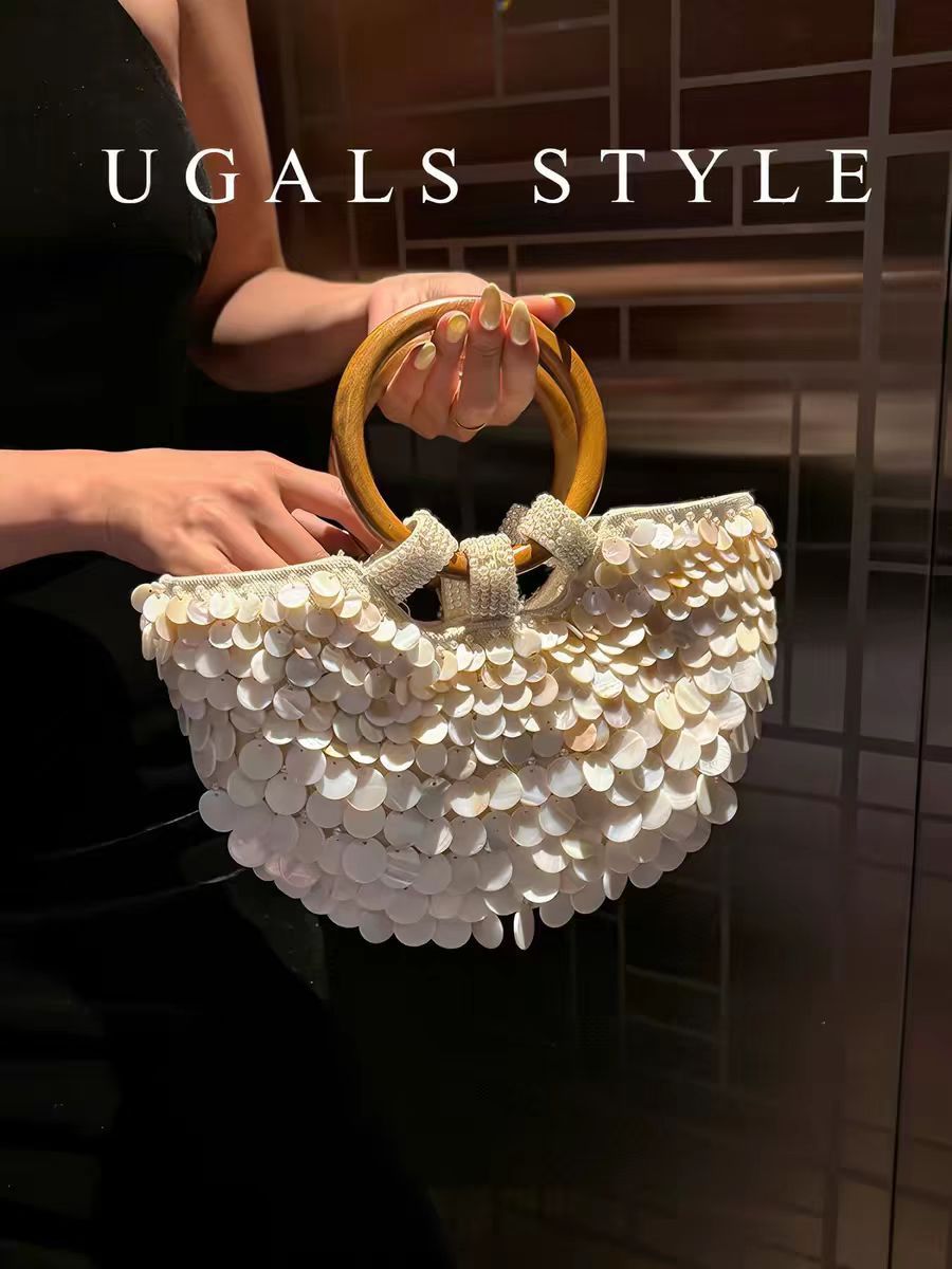 UGALS French Vintage Hand-Woven Beaded Sequin Shell Cabbage Basket Round Handle Bucket Bag Handbag Crossbody Bag - Thumbnail 6