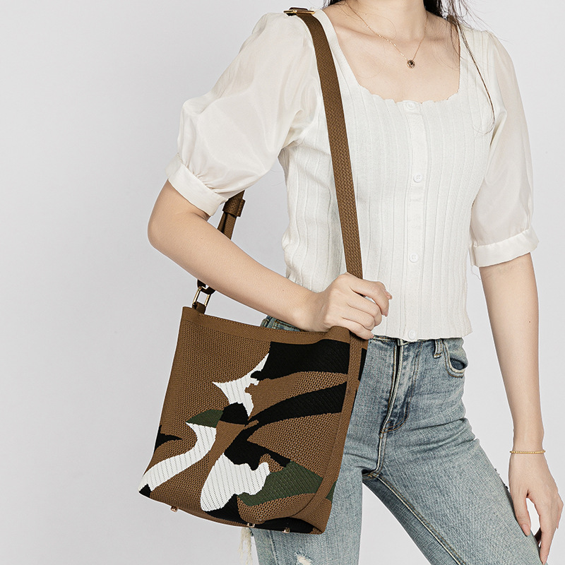 Nordic Style Niche Camouflage National Style Knitted Shoulder Crossbody Bag For Women, Large Capacity Casual Handbag