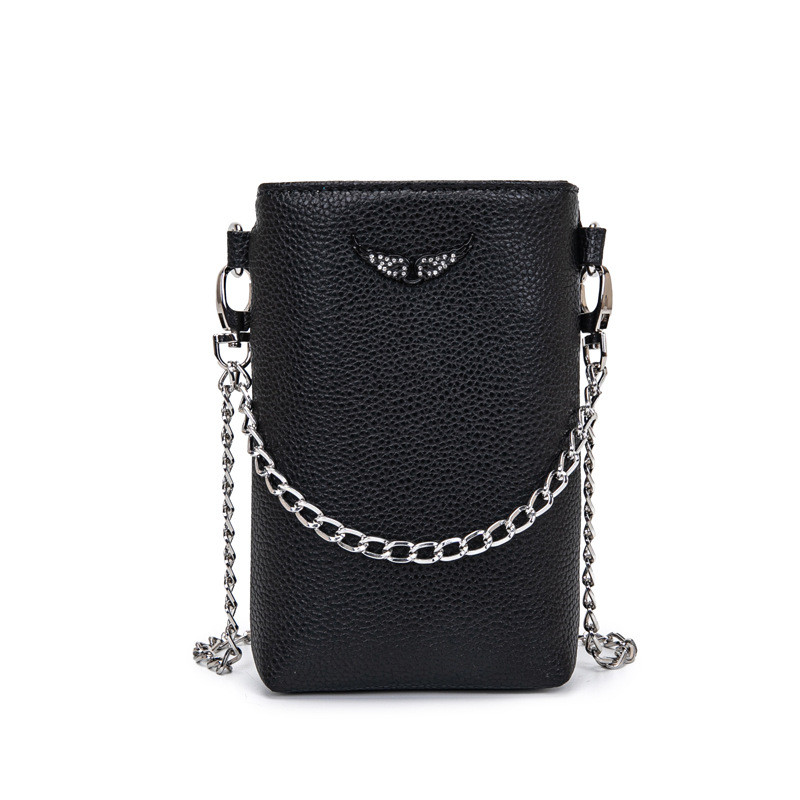 ZV French Style Phone Bag - Classic Wing Rhinestone, Textured Lychee Grain, Bucket Shape Chain Shoulder Crossbody Small Bag - Thumbnail 7