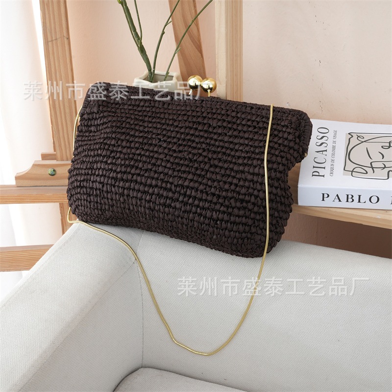 French Style Woven Vacation Beach Bag For Women, Handmade Texture Chain Crossbody Straw Bag, Export Quality - Thumbnail 3