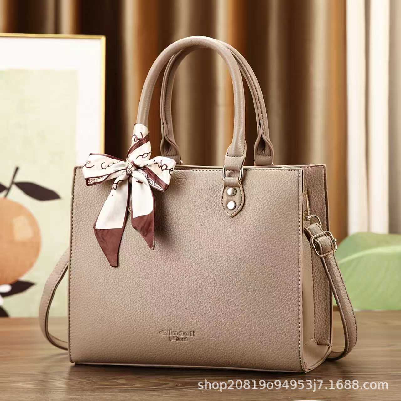 法式蝴蝶结复古荔枝纹简约纯色大容量手提包时尚休闲百搭 - Thumbnail 8