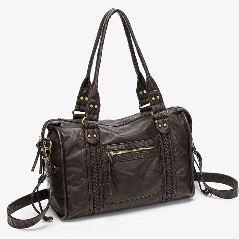 Hot Selling French Vintage Motorcycle Bag, Shoulder Crossbody Tote Bag, Large Capacity Women's Washed Leather Bag - Thumbnail 3