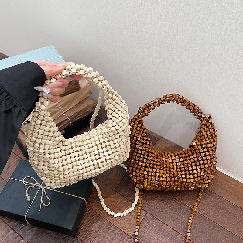 Cross-Border Niche Summer Woven Bag For Women New French Style Hobo Bag Luxury Beaded Dumpling Crossbody Handbag - Thumbnail 3