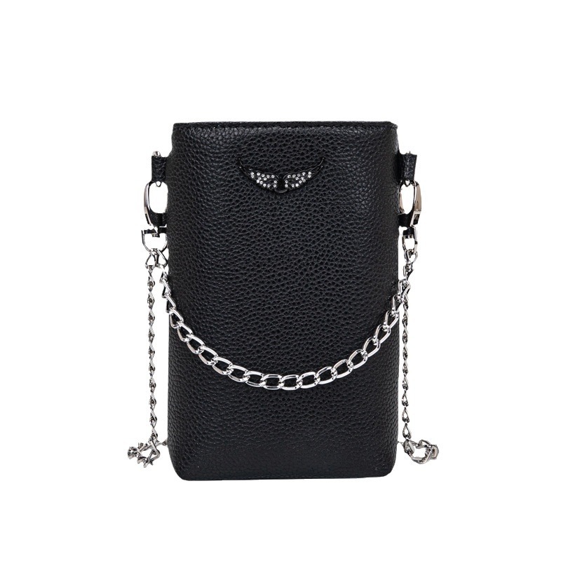 ZV French Style Phone Bag - Classic Wing Rhinestone, Textured Lychee Grain, Bucket Shape Chain Shoulder Crossbody Small Bag - Thumbnail 5