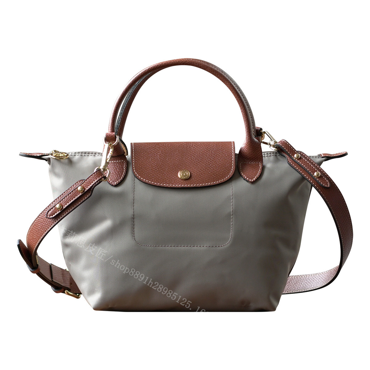 Mocha Small French Nylon & Top Grain Leather Makeup Bag, Crossbody Handbag, Eco-Friendly - Thumbnail 5