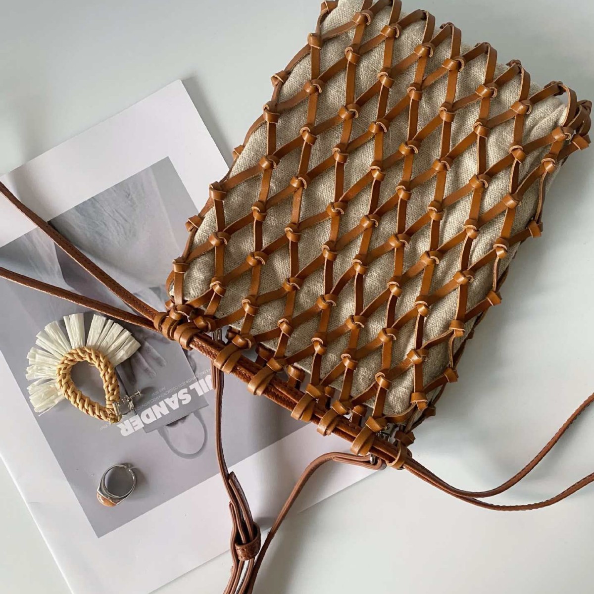 Top Grain Cowhide Woven Phone Bag Crossbody Shoulder Bag French Cotton Linen Small Fishing Net Bag - Thumbnail 3