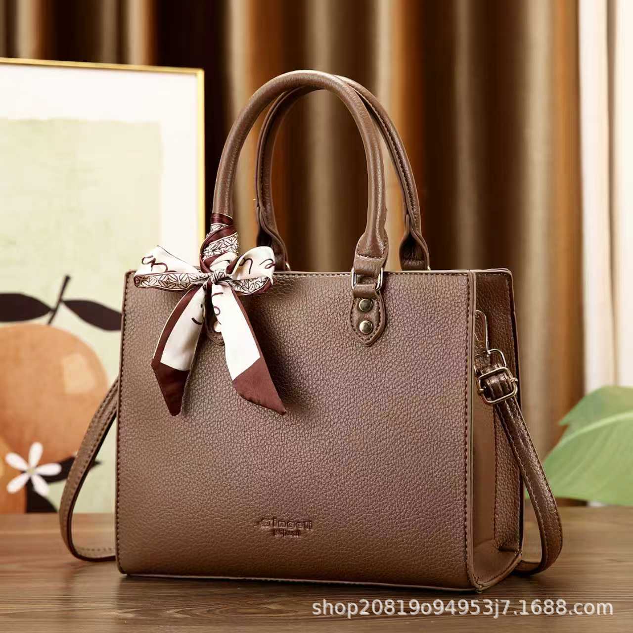 法式蝴蝶结复古荔枝纹简约纯色大容量手提包时尚休闲百搭 - Thumbnail 7