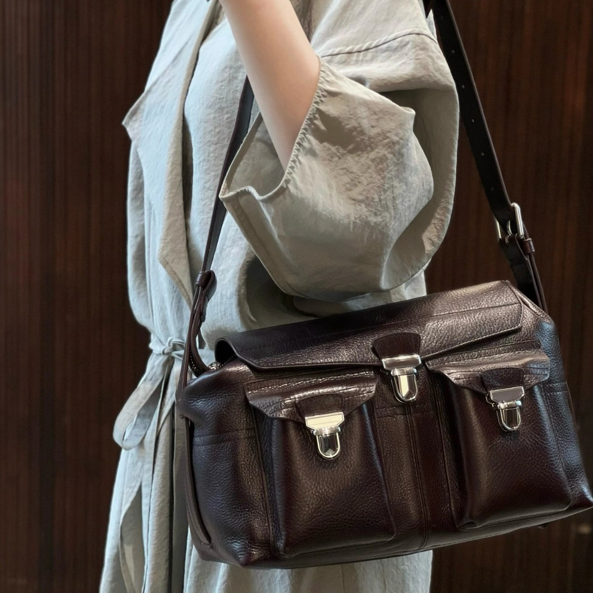 Gear Bag Single Shoulder Top Grain Cowhide Crossbody Bag French Niche Commuter Bag Flocked Leather Messenger Bag - Thumbnail 2