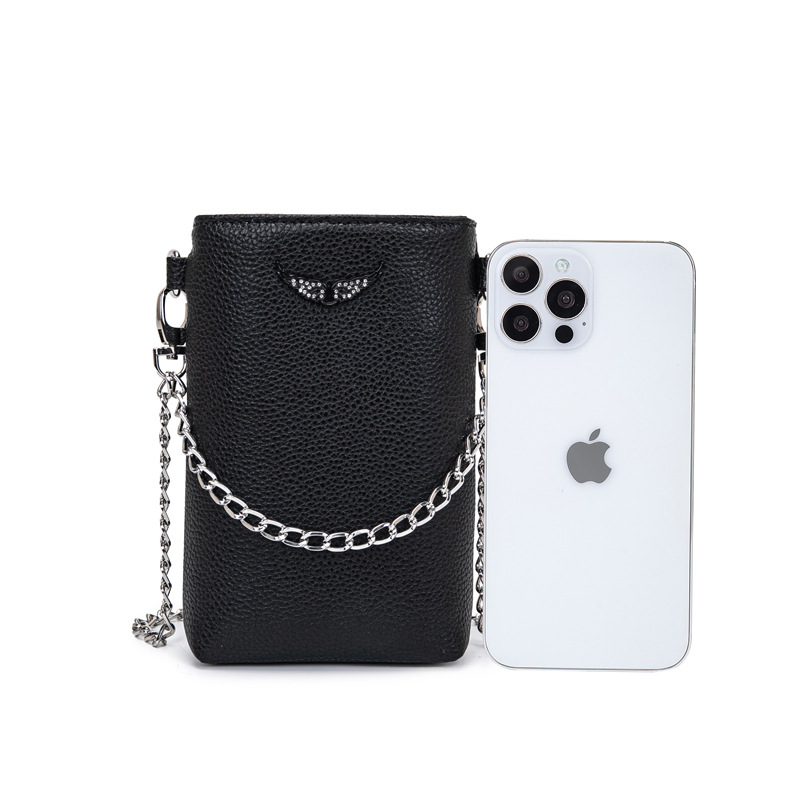 ZV French Style Phone Bag - Classic Wing Rhinestone, Textured Lychee Grain, Bucket Shape Chain Shoulder Crossbody Small Bag - Thumbnail 2