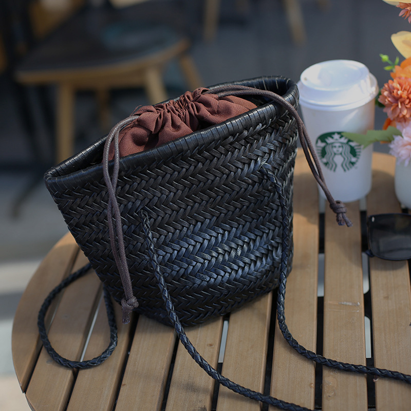 Spring/Summer Top Grain Cowhide Hand-Woven Bag, French Style Genuine Leather Basket Bag, Vintage Leather Shoulder Bag For Women, Ins Style - Thumbnail 4