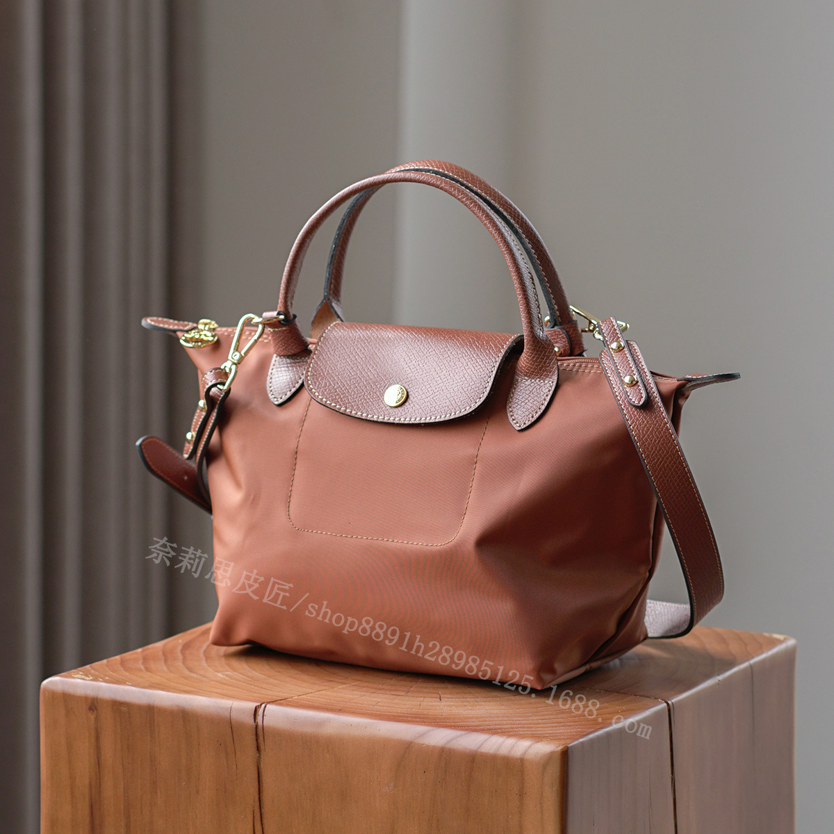 Mocha Small French Nylon & Top Grain Leather Makeup Bag, Crossbody Handbag, Eco-Friendly - Thumbnail 3
