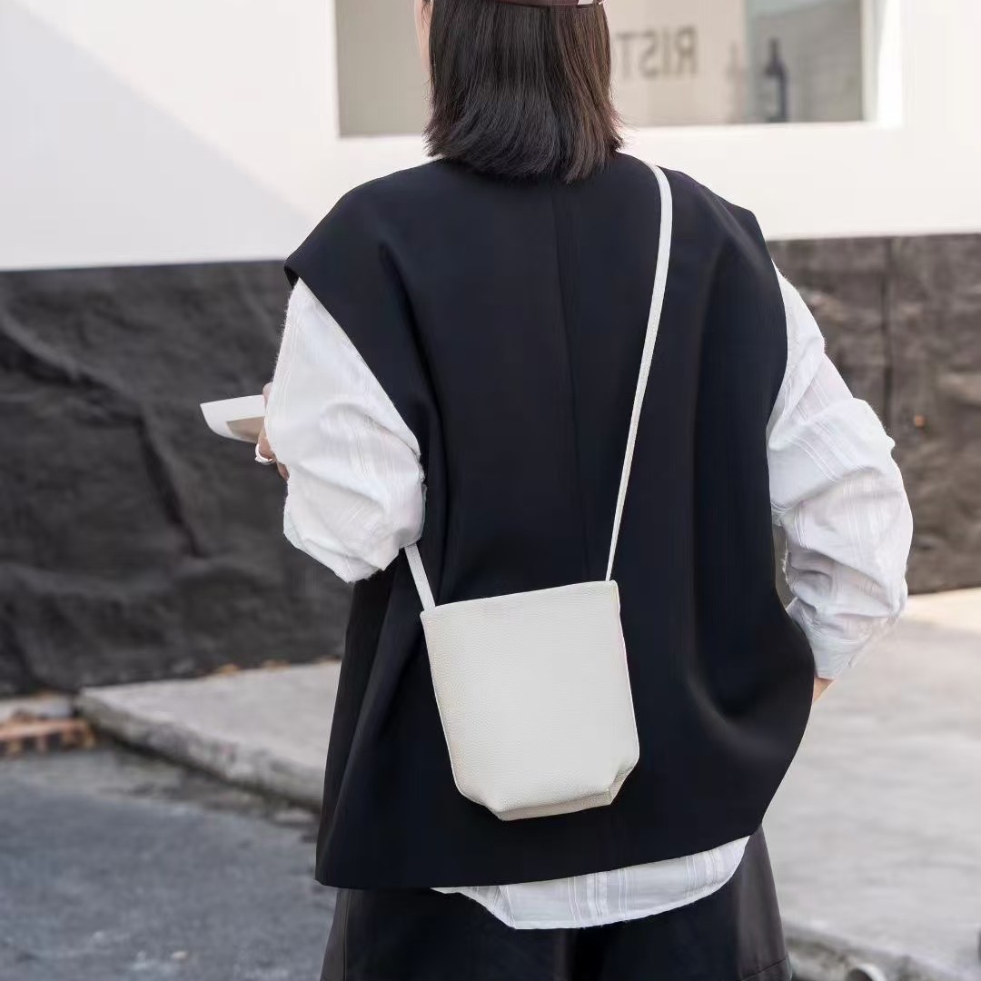 French Niche Row Top Grain Cowhide Phone Bag, Versatile Lightweight Park Shoulder Crossbody Mini Bucket Bag - Thumbnail 5
