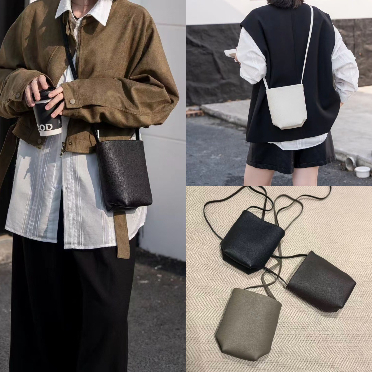 French Niche Row Top Grain Cowhide Phone Bag, Versatile Lightweight Park Shoulder Crossbody Mini Bucket Bag