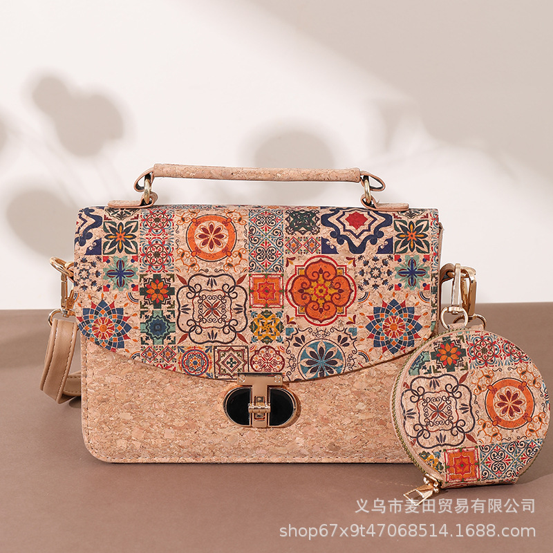 European Bohemian Natural Cork Ethnic Patchwork Mother-Daughter Bag Fashion Women's Crossbody Handbag Shoulder Bag - Thumbnail 6