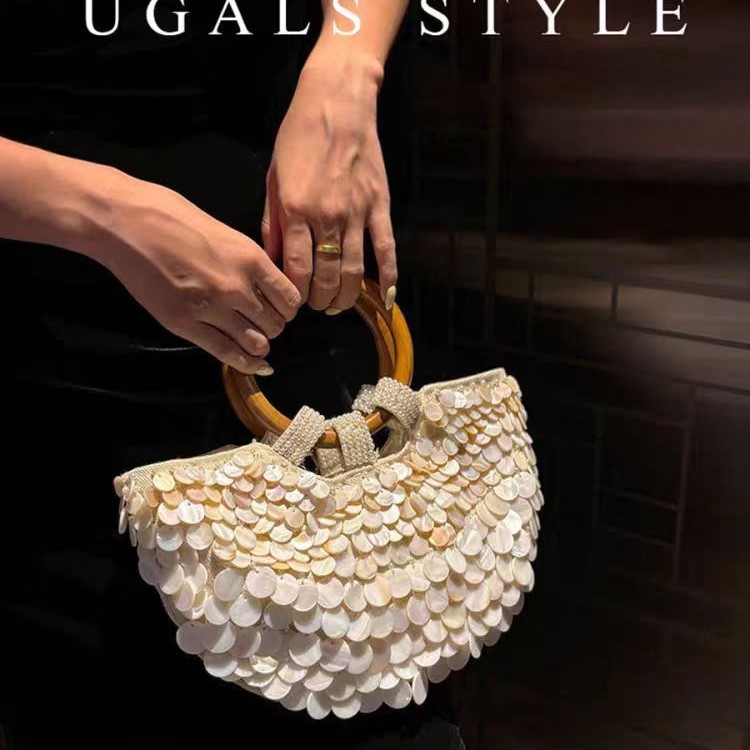 UGALS French Vintage Hand-Woven Beaded Sequin Shell Cabbage Basket Round Handle Bucket Bag Handbag Crossbody Bag - Thumbnail 3