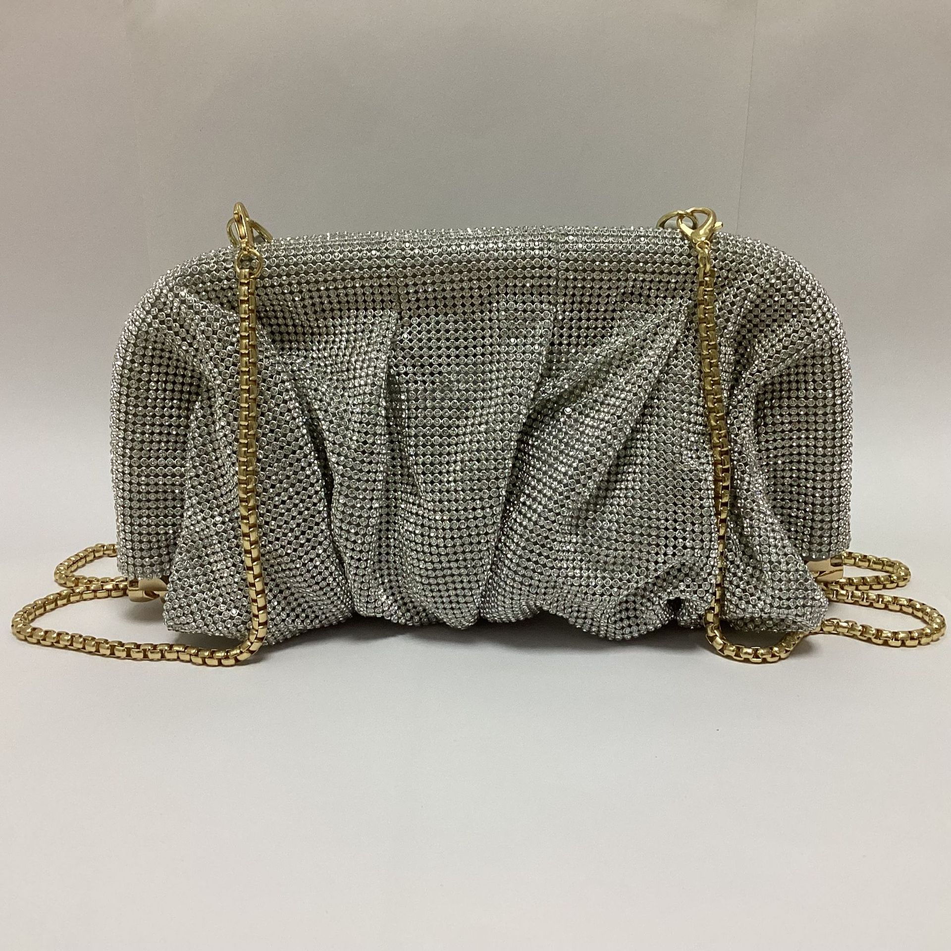 French Style Rhinestone Sparkling Diamond Cloud Dumpling Evening Bag Pleated Chain Crossbody Handbag For Women - Thumbnail 7