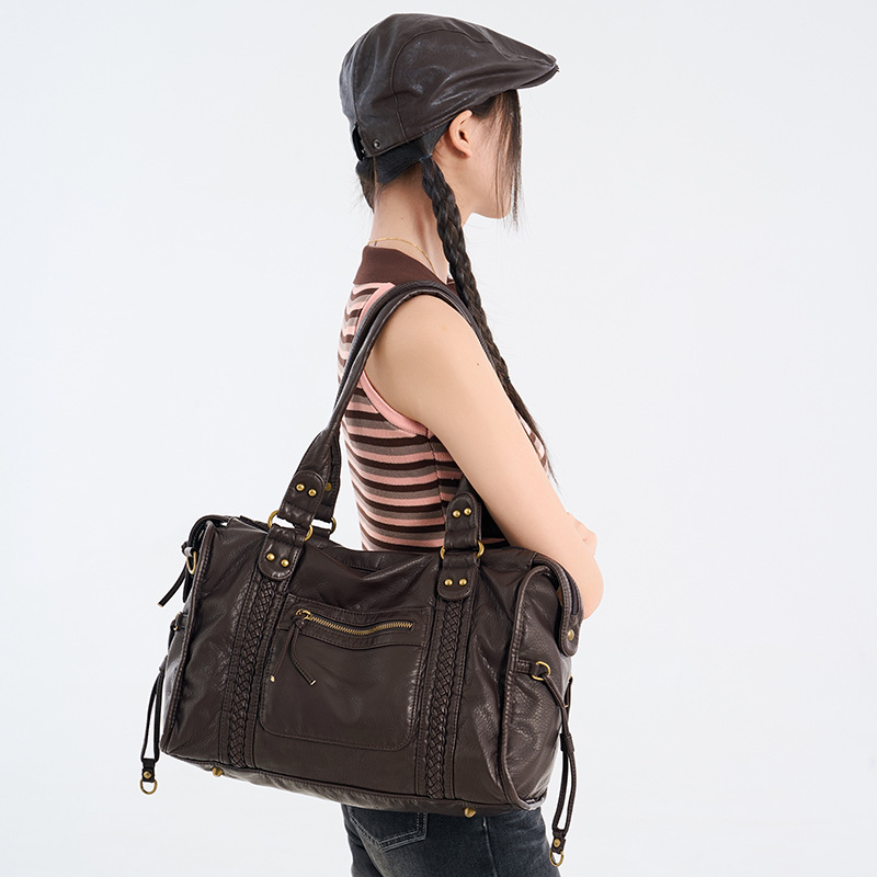 Hot Selling French Vintage Motorcycle Bag, Shoulder Crossbody Tote Bag, Large Capacity Women's Washed Leather Bag - Thumbnail 4