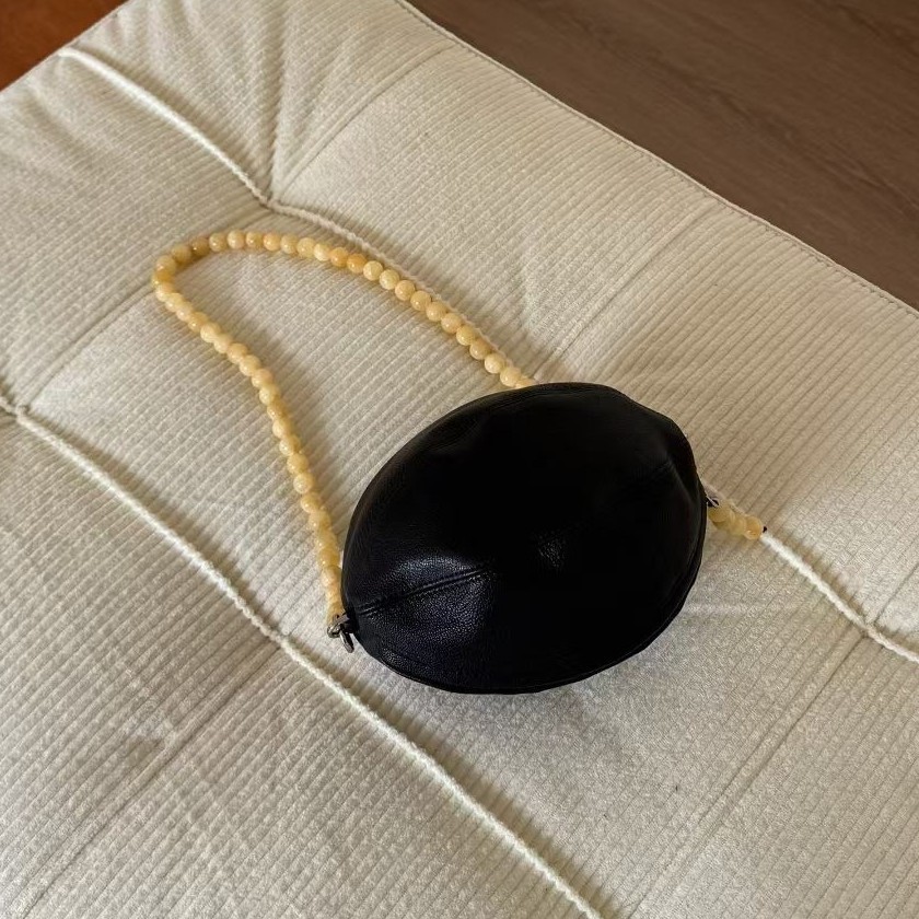 Original Sheepskin Rugby Bag Black Obsidian Beaded Balloon Bag Small Round French Niche Shoulder Handbag For Women - Thumbnail 6