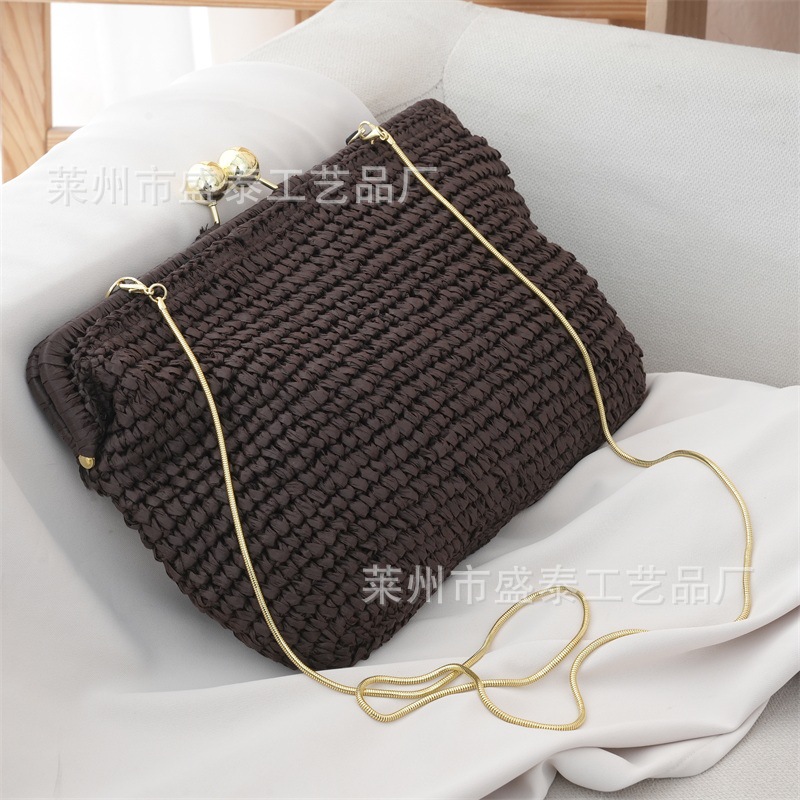 French Style Woven Vacation Beach Bag For Women, Handmade Texture Chain Crossbody Straw Bag, Export Quality - Thumbnail 2