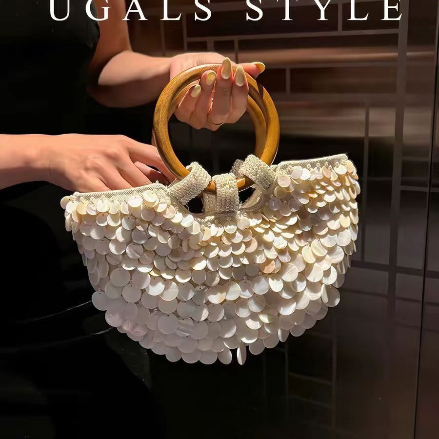 UGALS French Vintage Hand-Woven Beaded Sequin Shell Cabbage Basket Round Handle Bucket Bag Handbag Crossbody Bag