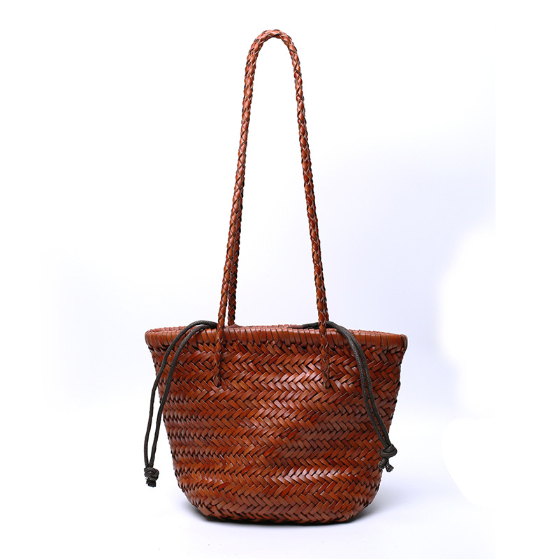 Spring/Summer Top Grain Cowhide Hand-Woven Bag, French Style Genuine Leather Basket Bag, Vintage Leather Shoulder Bag For Women, Ins Style - Thumbnail 5