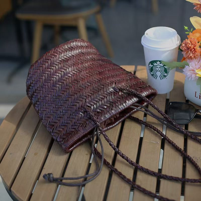 Spring/Summer Top Grain Cowhide Hand-Woven Bag, French Style Genuine Leather Basket Bag, Vintage Leather Shoulder Bag For Women, Ins Style - Thumbnail 6